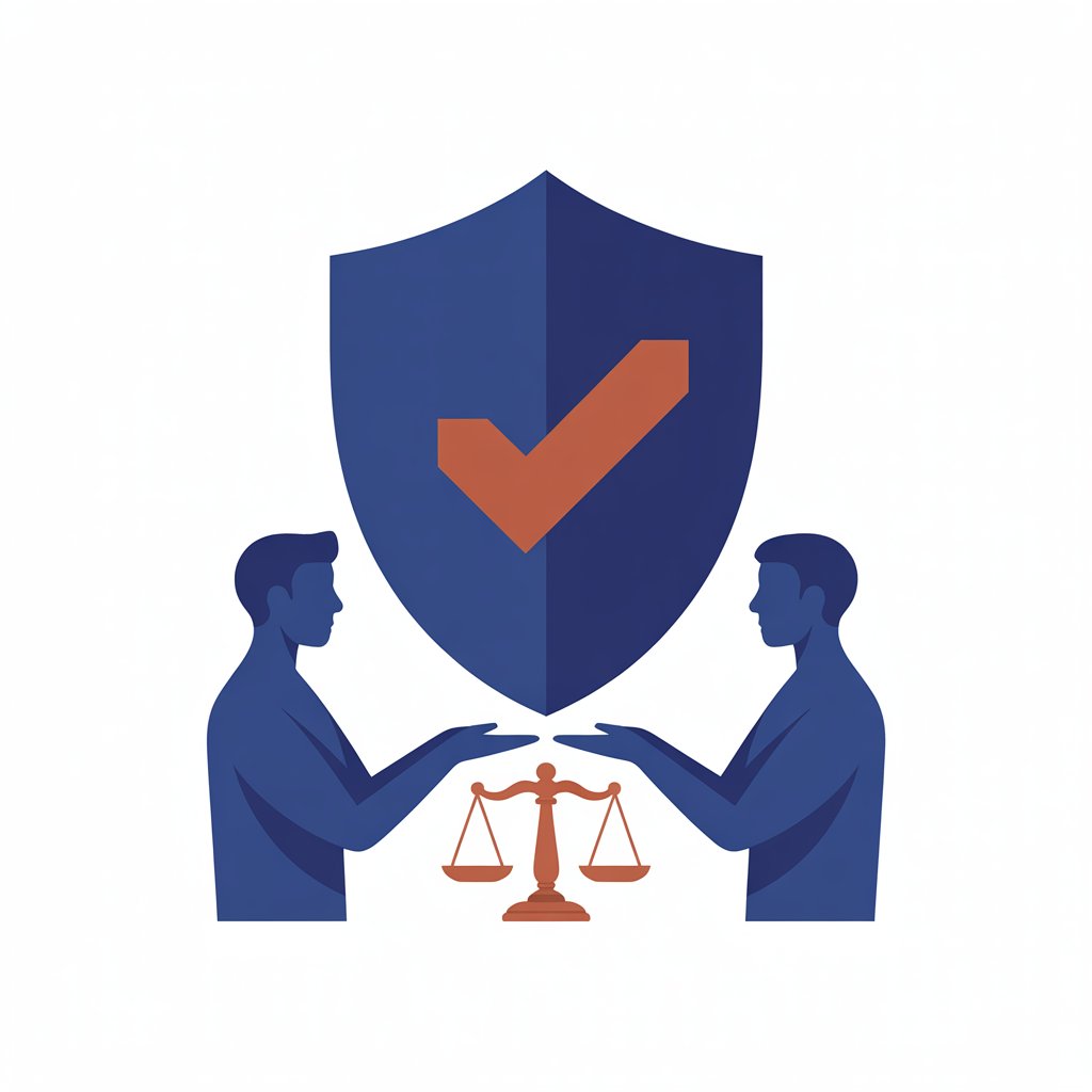 Two people with a shield and scales of justice — both sides protected by escrow