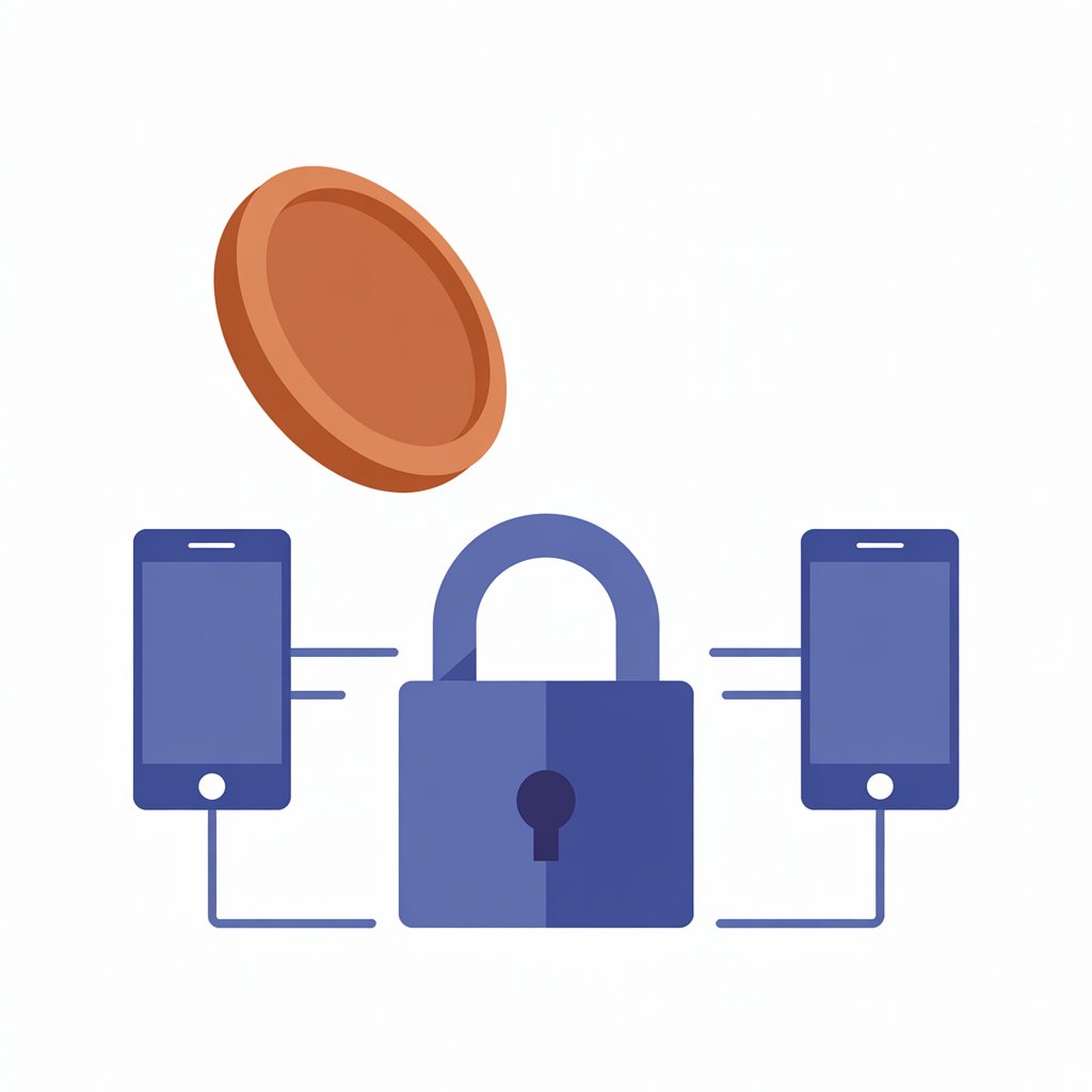 Coin dropping into a padlock connected to two phones — funds lock in escrow when task is posted